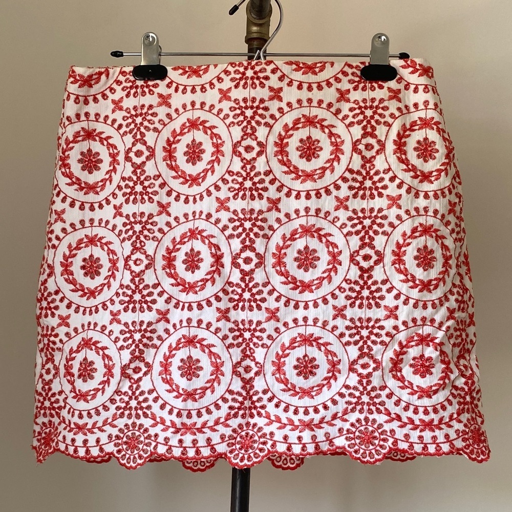LOFT Red and White Embroidered Mini Skirt